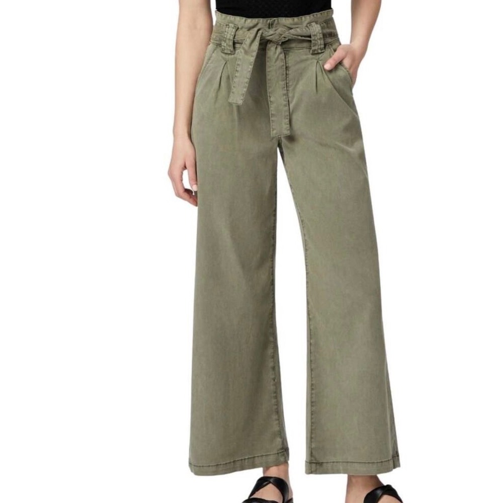 PAIGE Olive Green Paperbag Waist Wide Leg Pleated Trousers Pants Size 27
